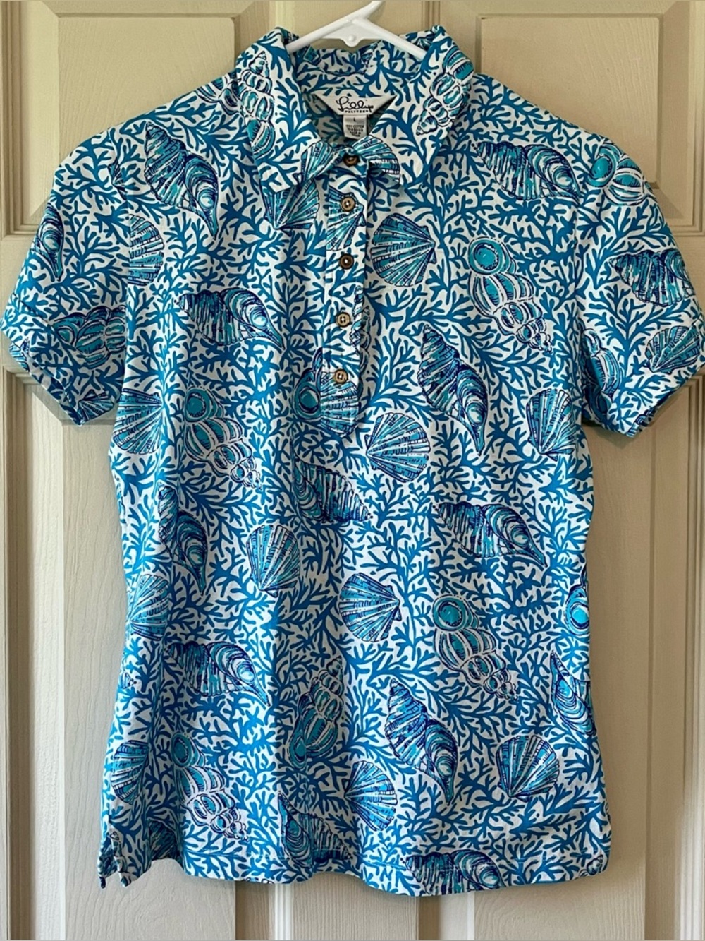 Lilly Pulitzer Blue and White Seashell Print Polo Top